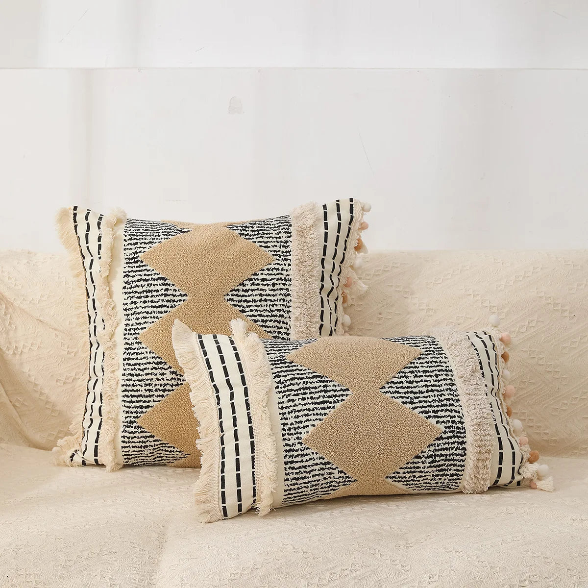 DecorBites™ Geometric Chenille Embroidered Pillow Covers Boho Moroccan Style Decor