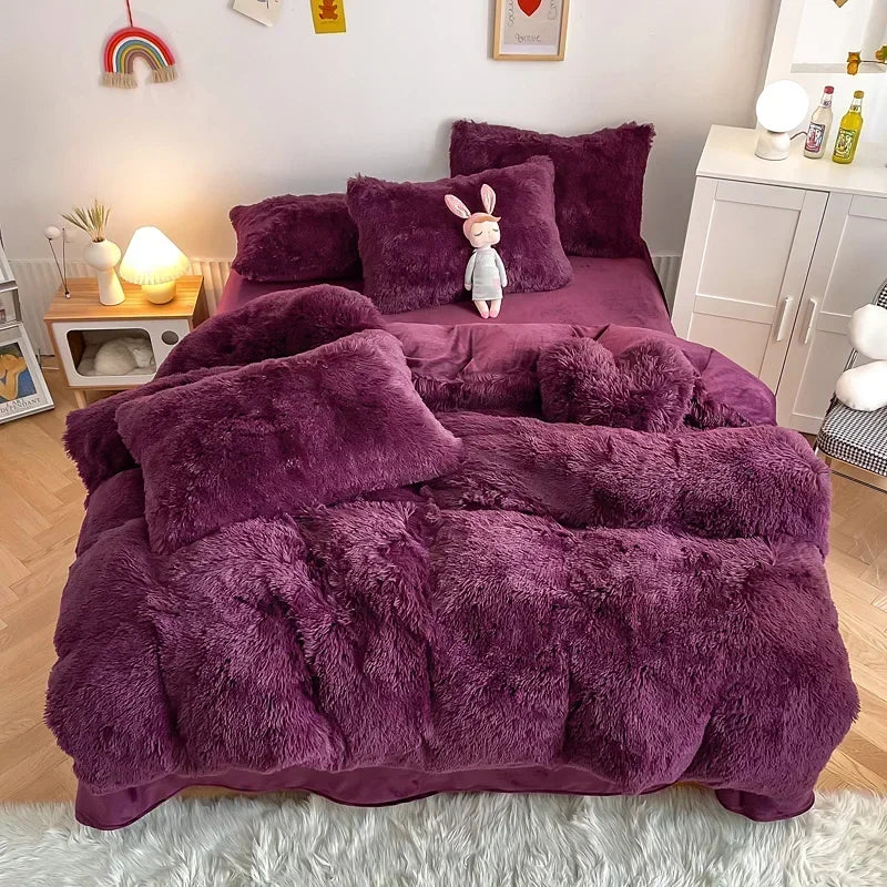 DecorBites™ Fluffy Faux Fur Bedding Set: Duvet Cover, Sheet, Pillowcase - Soft & Warm