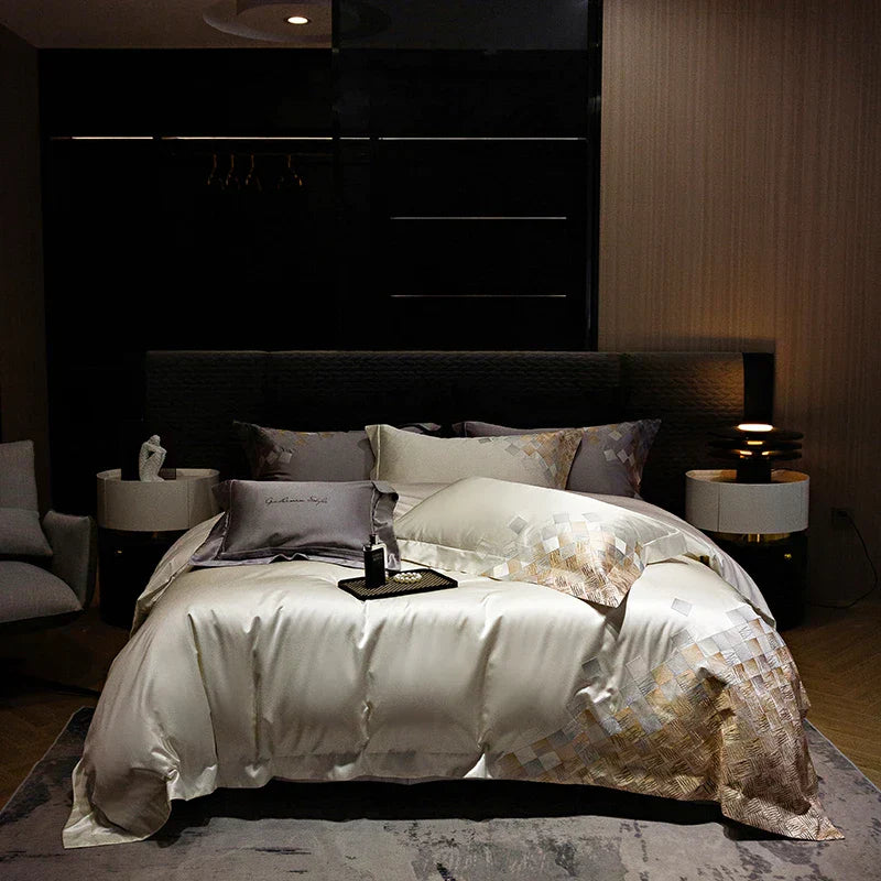 DecorBites™ 4-Piece Luxury Embroidery Bedding Set in Pearl White/Grey Satin Brocade Cotton