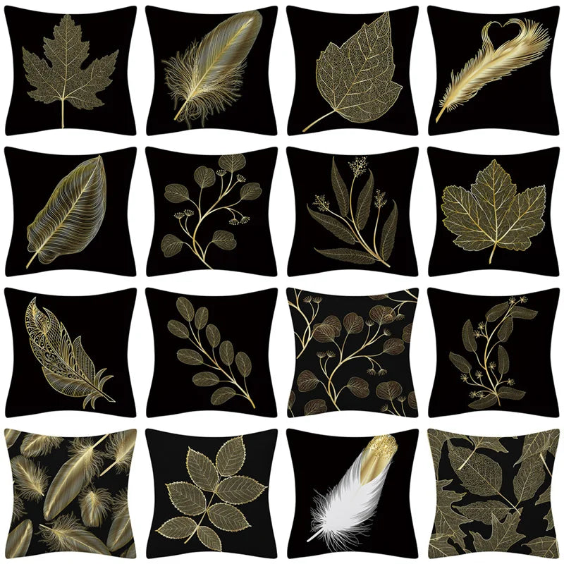 45x45cm Golden Leaves Pillow Cases by DecorBites™ - Nordic Ins Black Sofa Decor