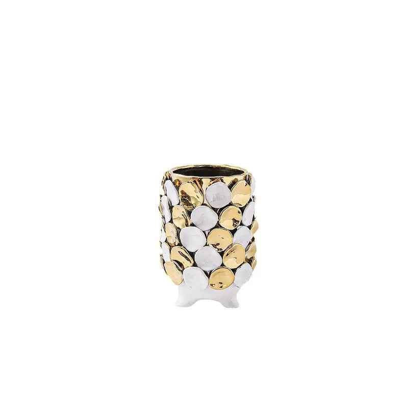 DecorBites™ Geometric Gold Leaf Relief Ceramic Vase - Elegant Hand-Appliqued Flower Pot Home Decor