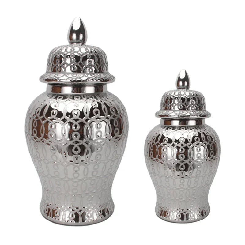 DecorBites™ Golden Pattern Porcelain Ginger Jar Vase with Lid for Home Decor
