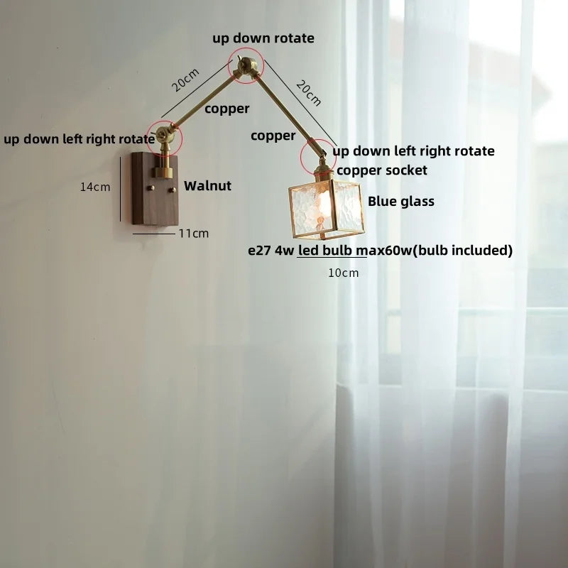 DecorBites™ Ash Wood LED Wall Lights Swing Arms Blue Glass Bedside Lamp
