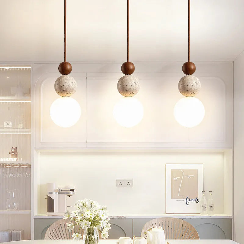 Cream Yellow Travertine And Wood Pendant Light