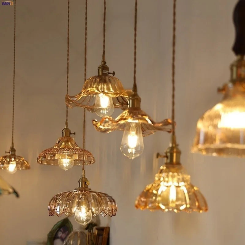 DecorBites™ Amber Flower Glass Pendant Lamp LED Knob Switch Nordic Modern Hanging Lights