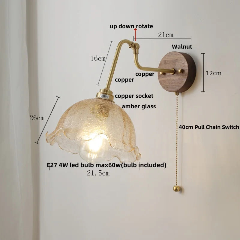 DecorBites™ LED Wall Lights Pull Chain Switch Bedside Lamp Amber Glass Modern Stair Light Fixtures