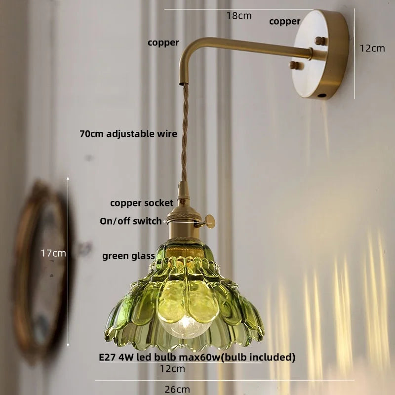 DecorBites™ Amber Glass LED Wall Light with Pull Chain Switch, Modern Nordic Flower Wall Sconce