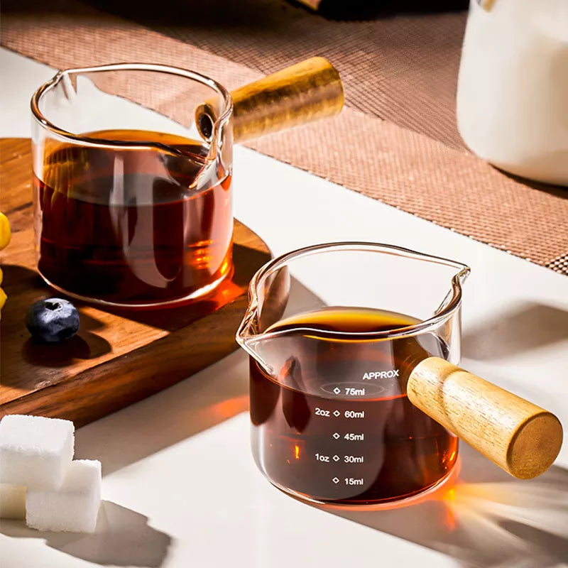 DecorBites™ Glass Espresso Measuring Cup with Wood Handle, Transparent Milk Jug
