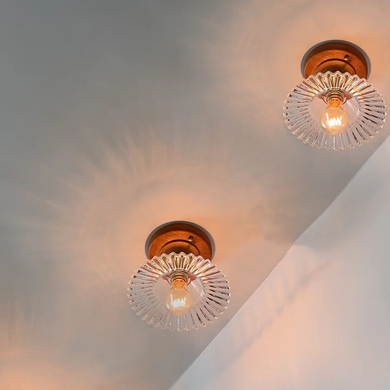 DecorBites™ مصباح سقف LED زجاجي أخضر، مصابيح سقف اسكندنافية من الخشب والنحاس