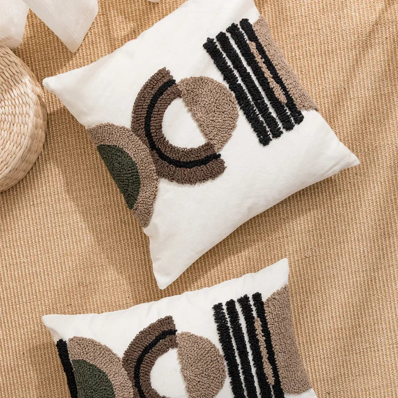 Housse de coussin DecorBites™ demi-cercle en toile de coton tuftée brodée - Moderne et élégante