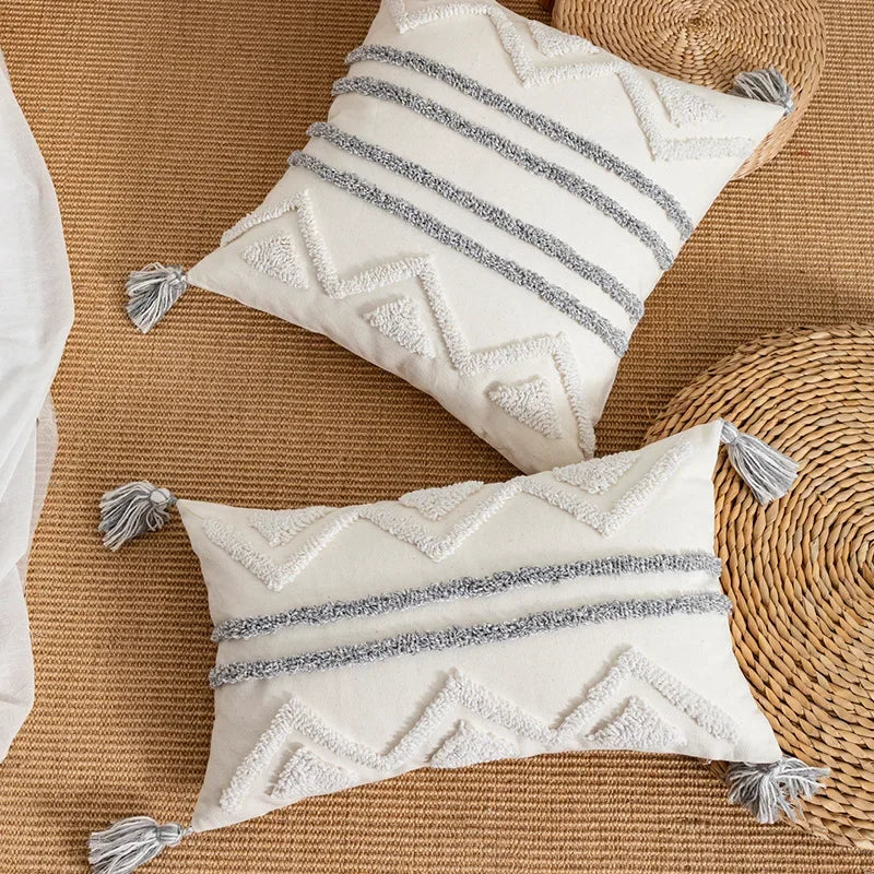 DecorBites™ Geometric Tufted Tassel Cushion Cover White Grey Bohemian Decor Pillow Cover