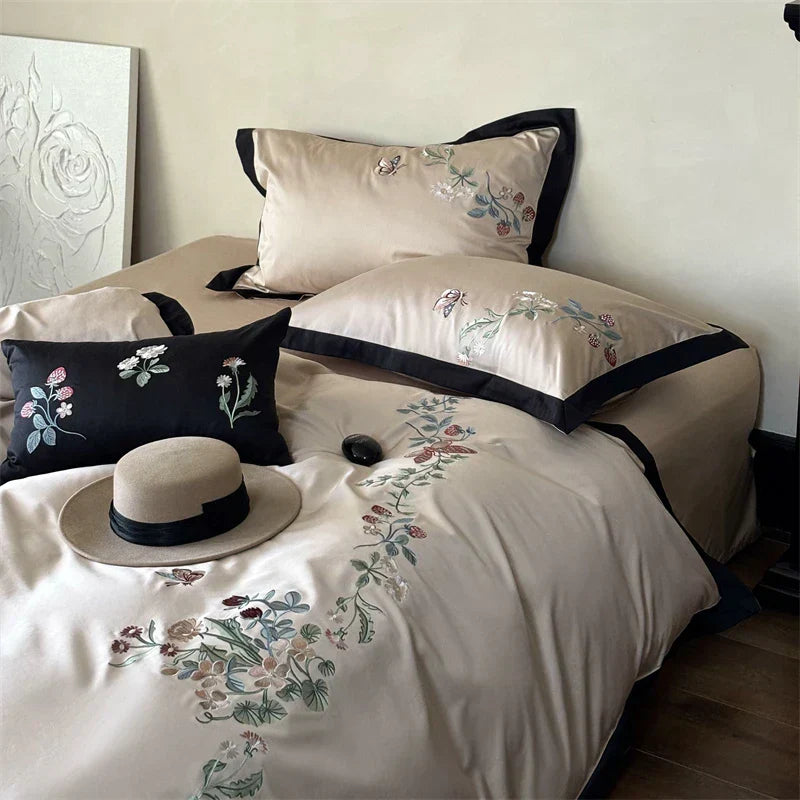 DecorBites™ 1000TC Cotton Butterfly Flowers Embroidery Bedding Set with Duvet Cover, Sheet, Pillowcases