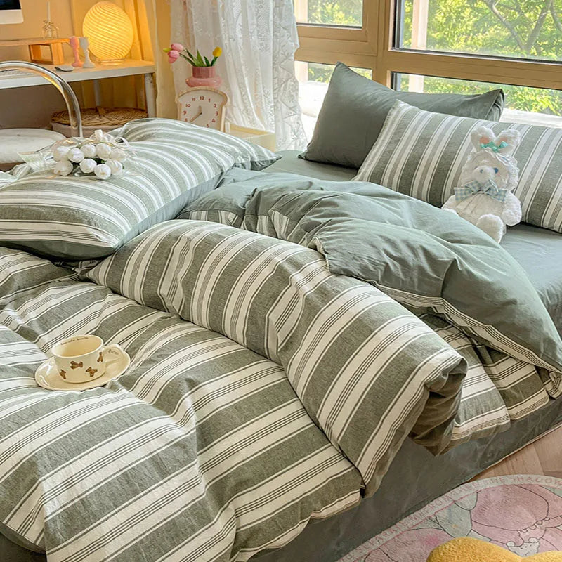 DecorBites™ Cotton Striped Bedding Set Yarn Dyed Washed Duvet Cover Single Bedclothes