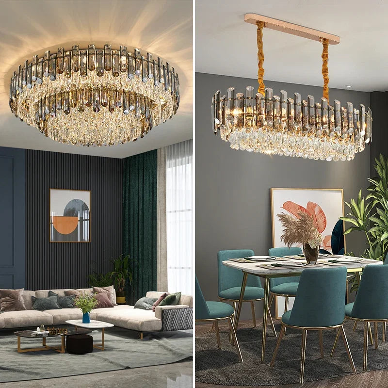 DecorBites™ Lustre en cristal doré pour salon, luminaire de luxe