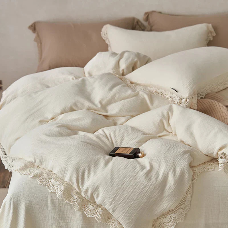طقم شراشف سرير من القطن بحواف دانتيل من DecorBites™ لبشرة ناعمة مع لحاف وملاءات وأغطية وسائد