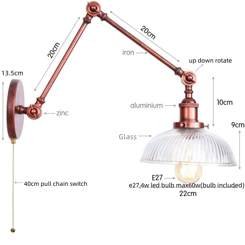 DecorBites™ Adjustable Glass Swing Arm LED Wall Sconce with Pull Chain Switch