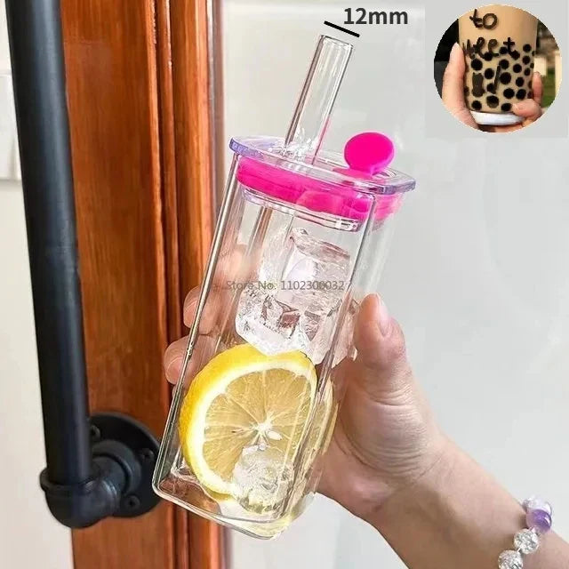 كوب زجاجي مقاوم للحرارة من DecorBites™‎ مع غطاء وماصة للقهوة والحليب والشاي والعصير