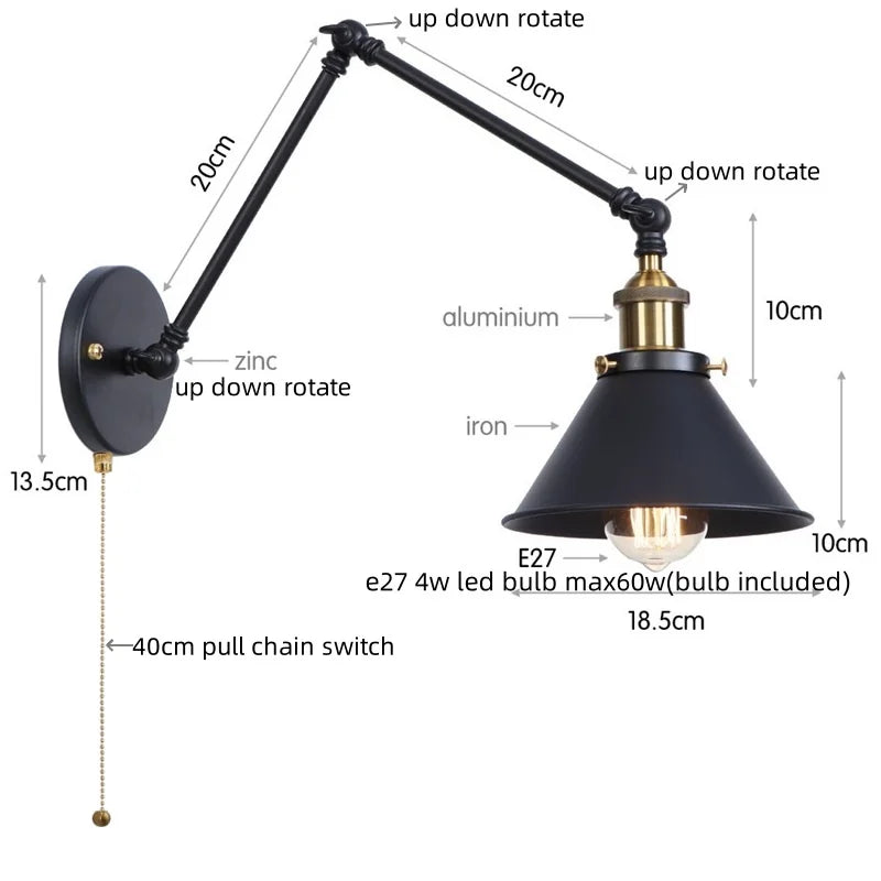 DecorBites™ Gold Long Arm LED Wall Sconce with Pull Chain Switch