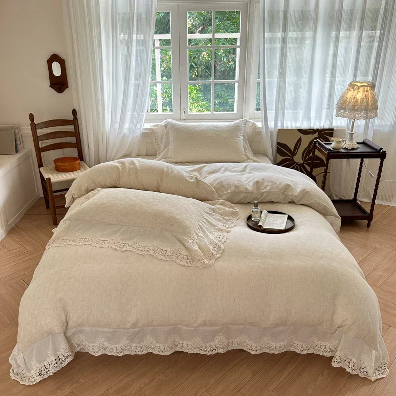 DecorBites™ Jacquard Linen Cotton Ruffles Bedding Set with French Lace in Natural Skin Tone