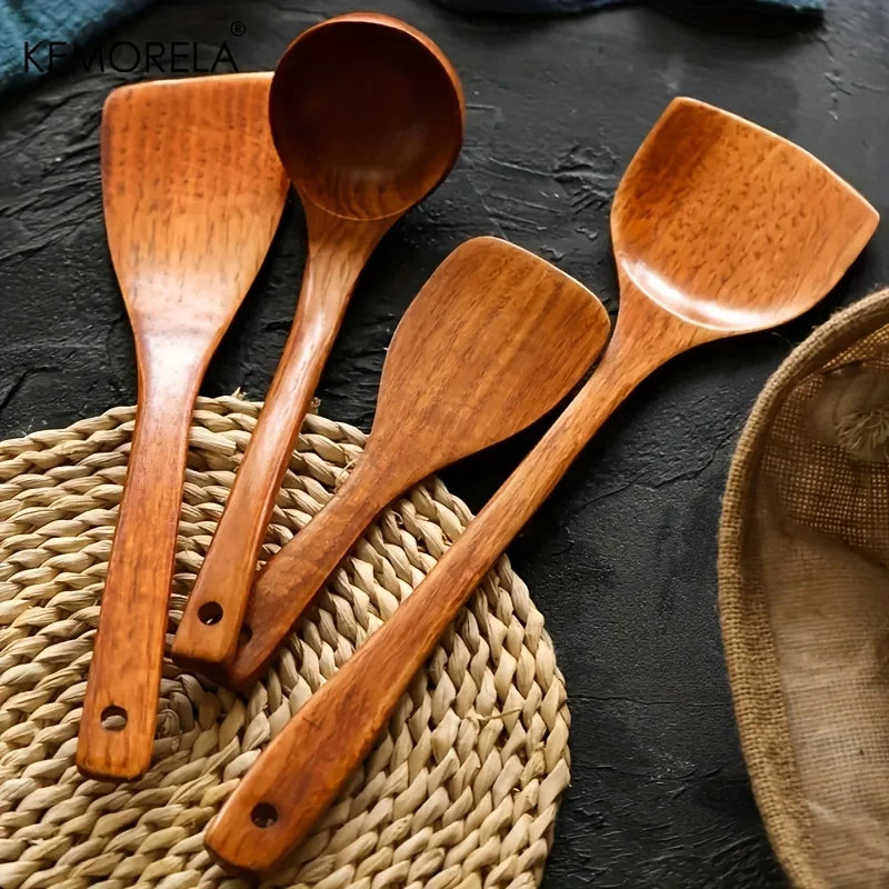 DecorBites™ 4-Piece Wooden Kitchen Utensil Set | Eco-Friendly Cooking Spoons and Spatula