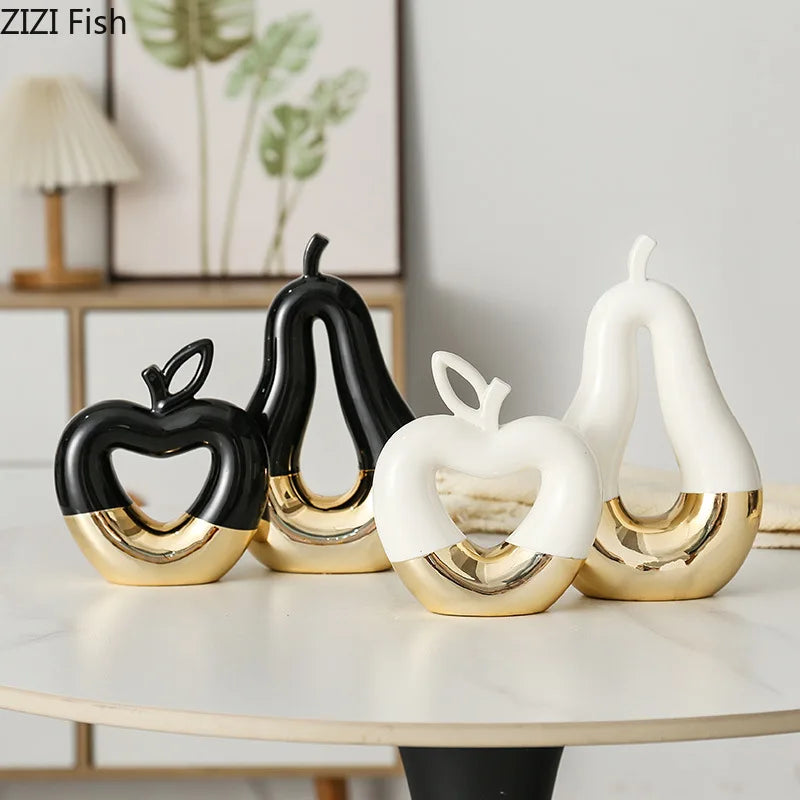 تماثيل كمثرى التفاح الذهبي من DecorBites™، زينة سيراميك لتزيين المكاتب، منحوتات حرفية عصرية