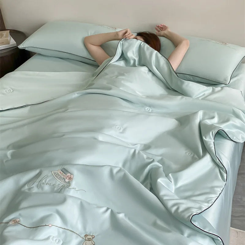 DecorBites™ Ice Rayon Summer Quilt: Bear Floral Embroidery Cooling Thin Blanket - Antimicrobial Comforter