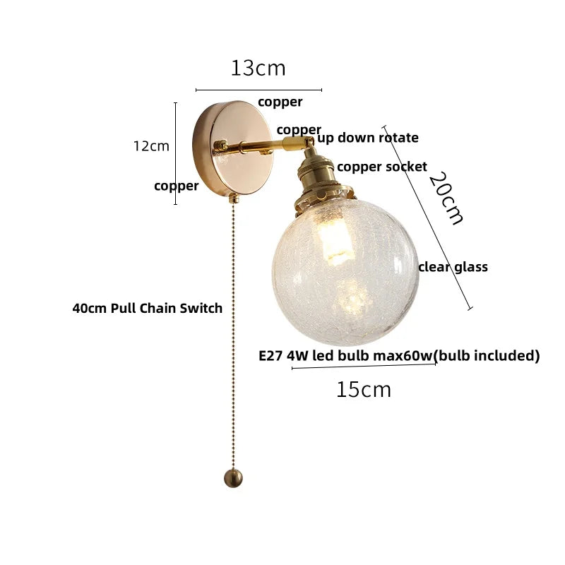 DecorBites™ Glass Bedside Sconce: Modern Nordic LED Wall Light with Pull Chain Switch