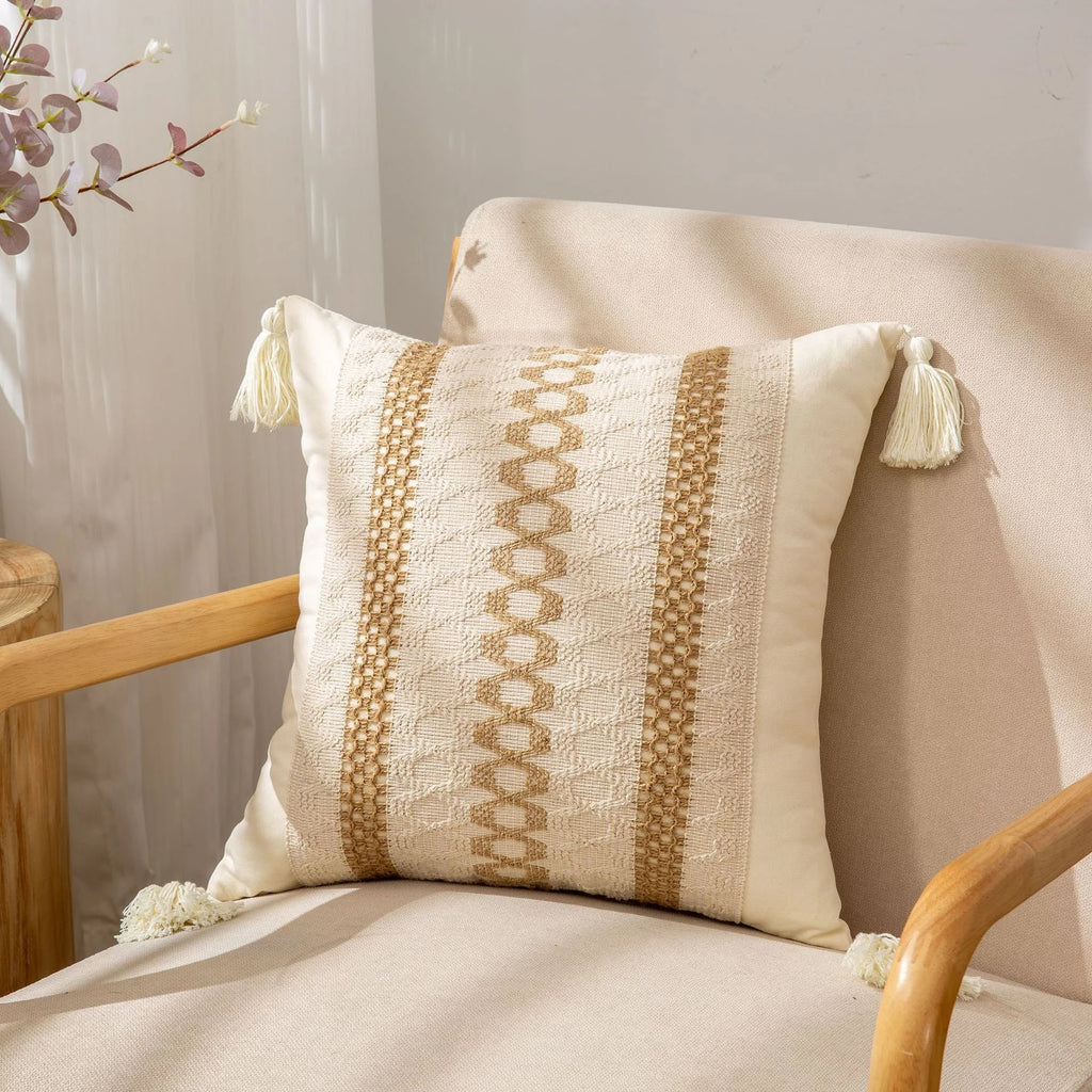 غطاء وسادة DecorBites™ شرابة هندسية من القطن والكتان لغرفة المعيشة وغرفة النوم