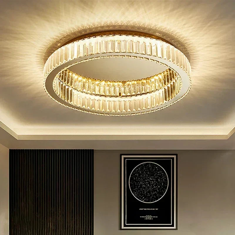 DecorBites™ Gold Crystal Ceiling Light Ring LED - إضاءة منزلية داخلية فاخرة حديثة