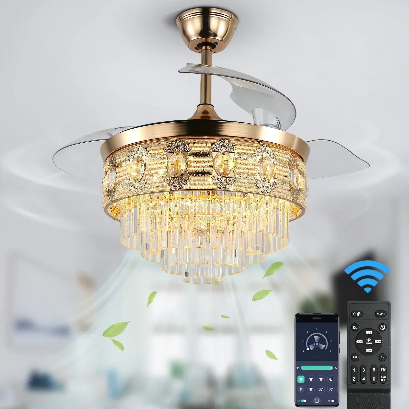 DecorBites™ Gold Smart Ceiling Fan Chandelier with LED Lights, 6 Speeds, 3 Heads