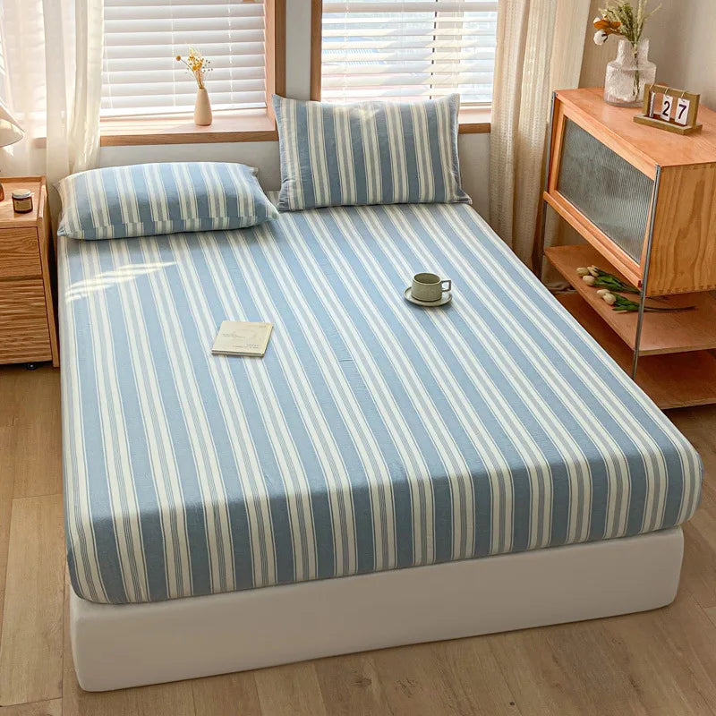 DecorBites™ Cotton Stripe Fitted Sheet- Single Cozy Mattress Cover with Elastic Band