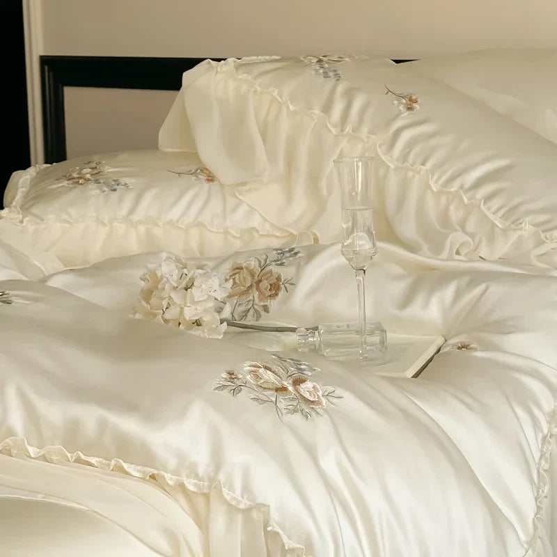DecorBites™ Flowers Embroidery Lace Ruffles Bedding Set in Soft Lyocell Fabric