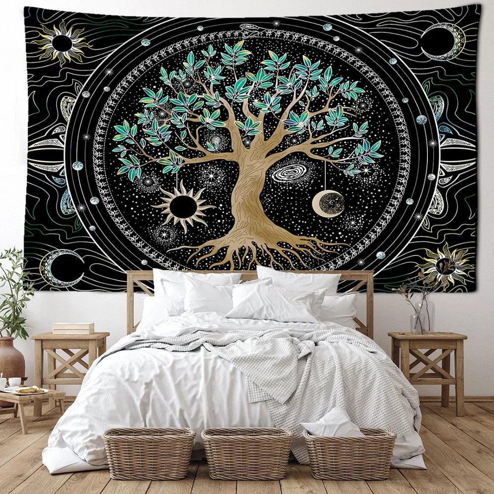 مفروشات حائط من DecorBites™ بتصميم شجرة الحياة الخضراء لديكورات غرف بوهيمية