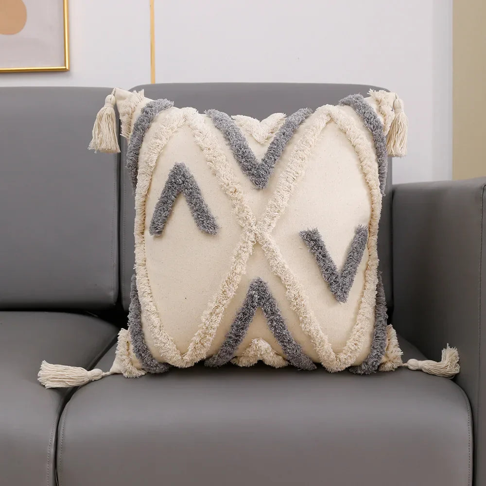 DecorBites™ Grey Geometric Tufted Cushion Cover with Fringe, Home & Car Decor Pillow Cover