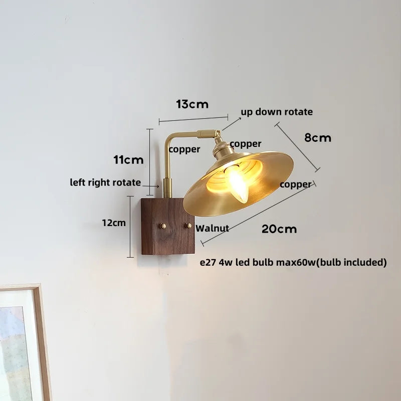 DecorBites™ LED Wall Light Walnut Wood Rotate Copper Bedside Lamp