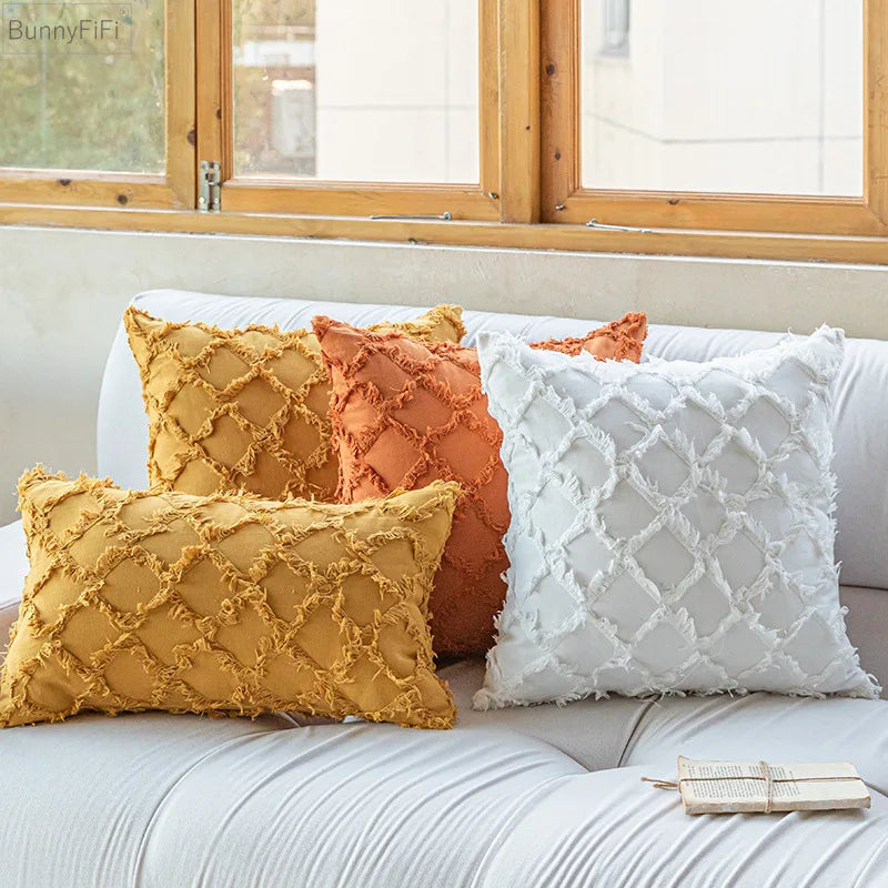 DecorBites™ Cotton Diamond Cushion Cover in Mustard Orange Beige for Living Room Sofa Bed