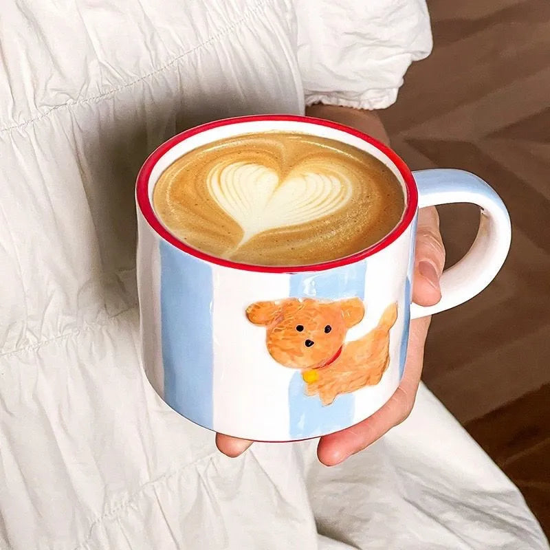 طقم أدوات الشرب الخزفية "ديكور بايتس" بتصميم الحيوانات الكاواي: كوب قهوة، طبق حلويات، قدح بشكل كلب ظريف