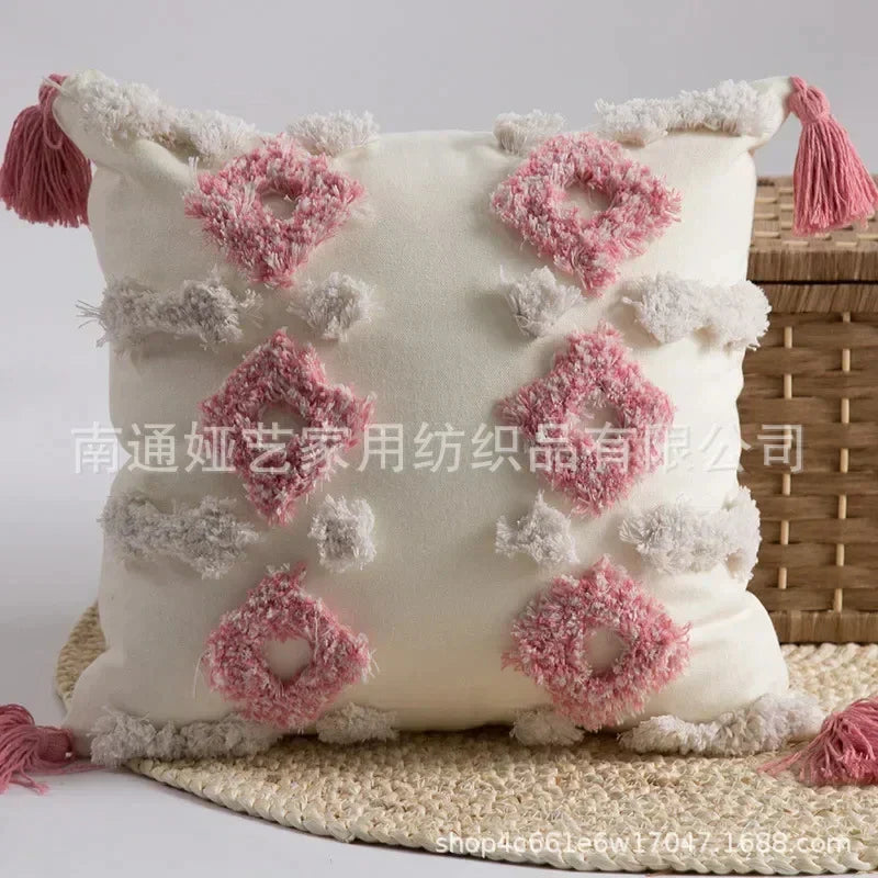 DecorBites™ Geometric Tufted Tassel Pillow Cover - Handcrafted Boho Chic Cushion Cover