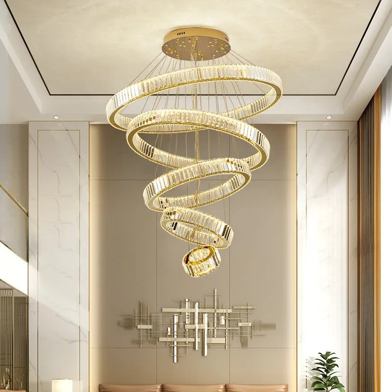 DecorBites™ Crystal Circle LED Chandelier: Dimmable Pendant Lighting for Modern Stairs