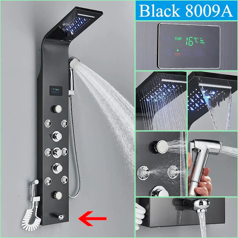 نظام دش إضاءة LED زرقاء من DecorBites™ مع شاشة عرض درجة الحرارة، عمود تدليك، شلال مطري