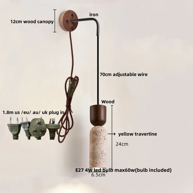 DecorBites™ LED Wall Lamp Pull Chain Switch Wood Nordic Modern Yellow Travertine Mirror Light