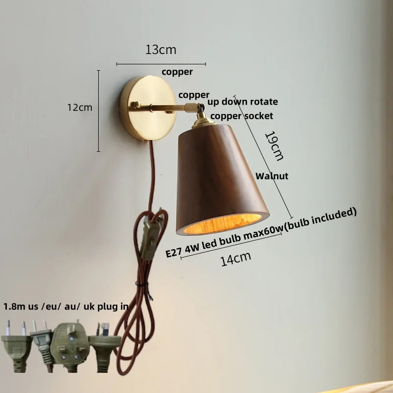 DecorBites™ LED Walnut Wood Wall Sconce Pull Chain Switch Modern Japanese Style Mirror Light