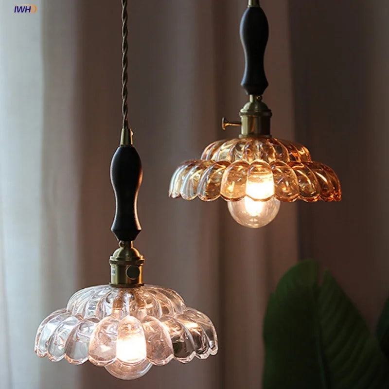 DecorBites™ Amber Glass Walnut Wood LED Pendant Lamp with Copper Knob Switch