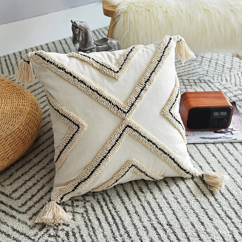 DecorBites™ Geometric Embroidery Cushion Cover with Tassel, Home Decor Pillowcase, Various Sizes