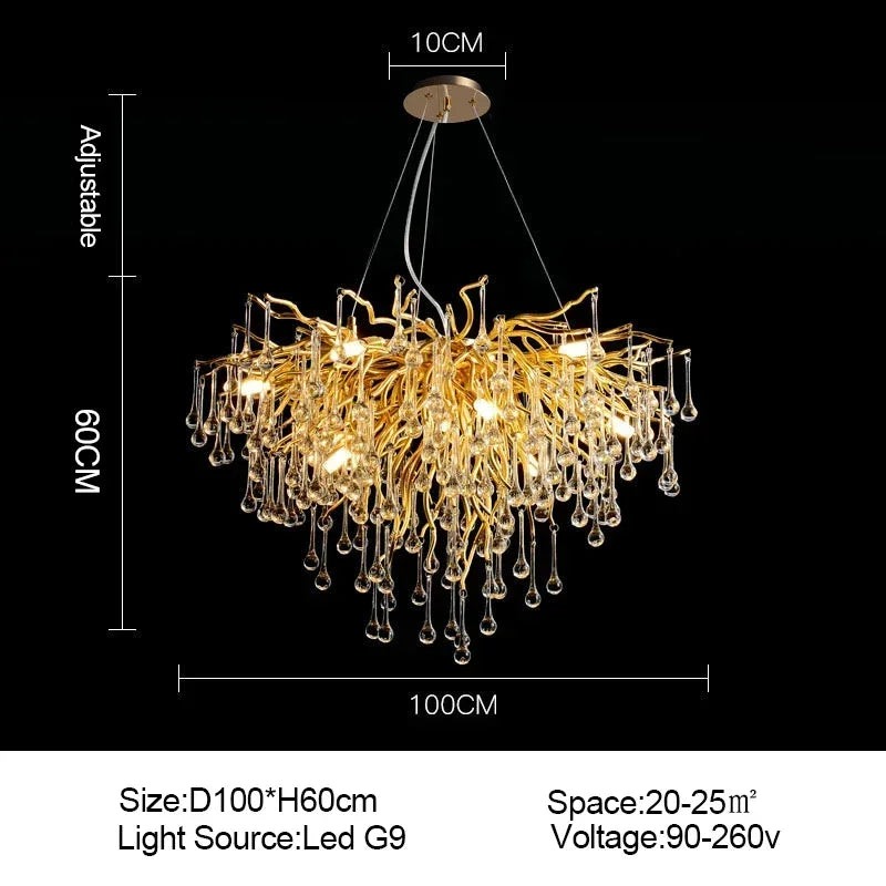 DecorBites™ Branch-shaped Golden Crystal Chandelier for Villa Bedroom and Living Room