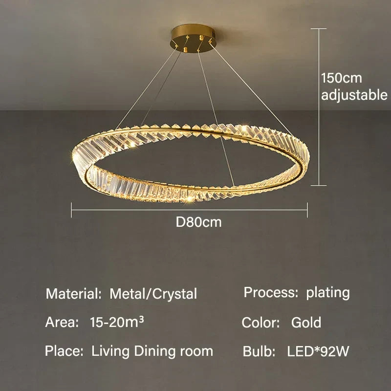 ثريا قلادة كريستال ذهبية بتقنية LED من DecorBites™ لإنارة غرف المعيشة والطعام الفاخرة والديكور