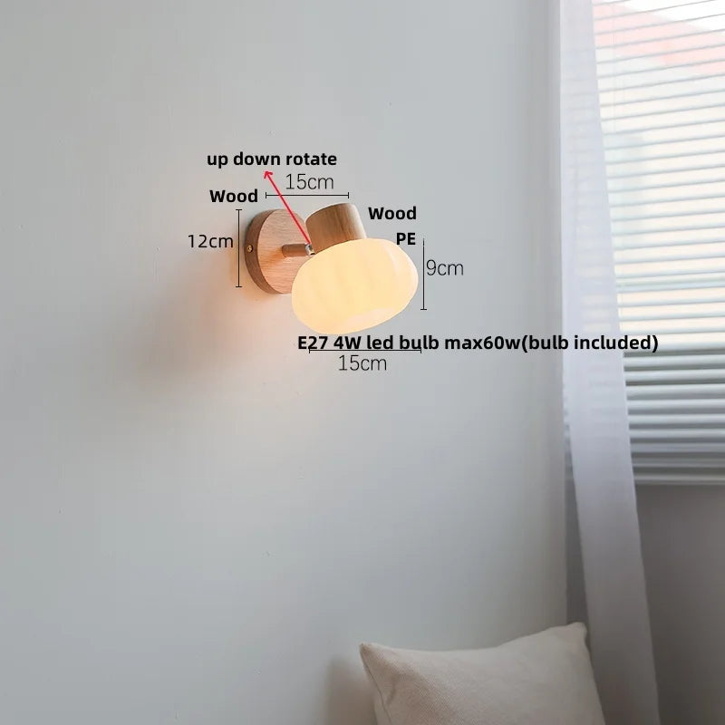DecorBites™ Amber Glass LED Wall Sconce Nordic Modern Wood Pull Chain Switch Stair Light