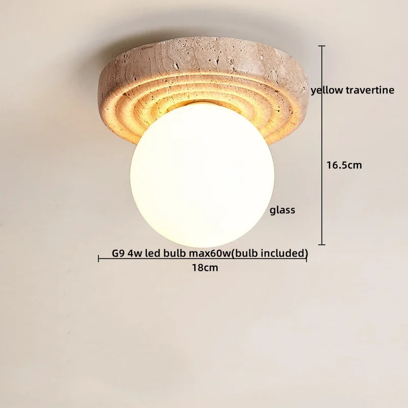 DecorBites™ مصباح سقف LED على الطراز الياباني، قاعدة خشبية حجرية من الترافرتين الأصفر لغرفة النوم