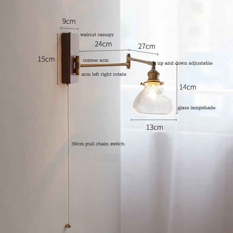 DecorBites™ Clear Glass Copper LED Wall Light with Pull Chain Switch & Walnut Wood Canopy