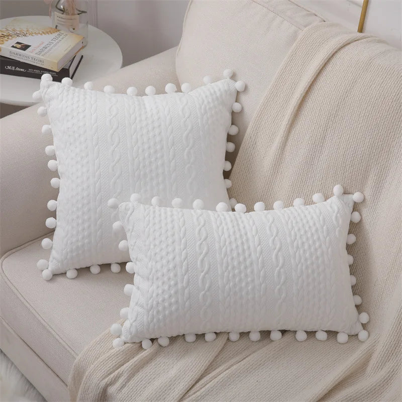 DecorBites™ غطاء وسادة قطني مزين بالدانتيل والكُرات الصغيرة، 50×50 سم، كرات بيضاء، غطاء مقعد ناعم، ديكور منزلي